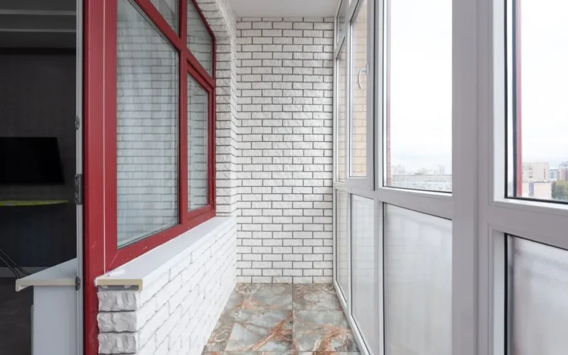 Interior of light balcony with marble floor and panoramic windows in apartment in daytime