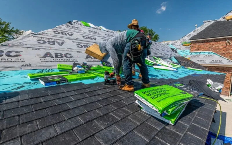 Workers installing a synthetic slate roof on a brick house in Fort Worth, Texas.