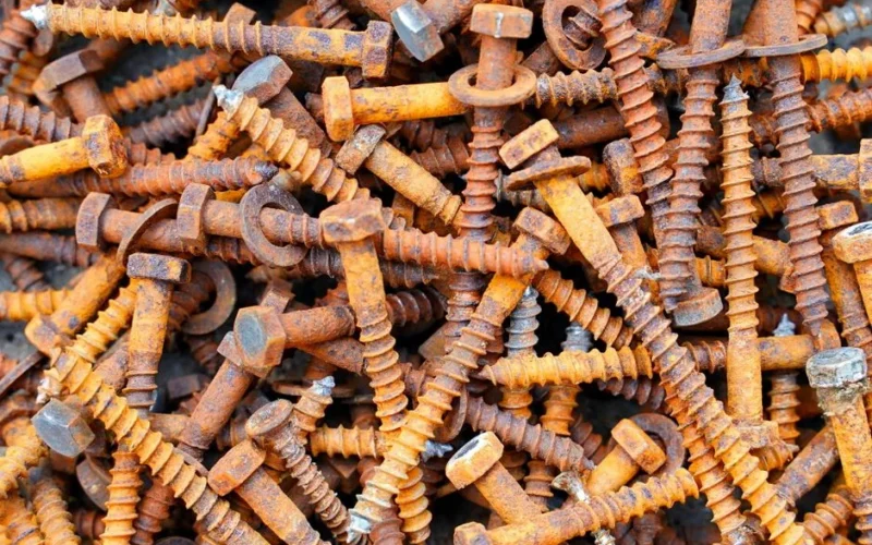 Detailed image showing a heap of rusty screws and bolts, capturing textures and colors.